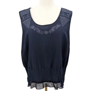 Embroidered Navy Chiffon Sleeveless Blouse‎ Smocked Hem XL Norton McNaughton